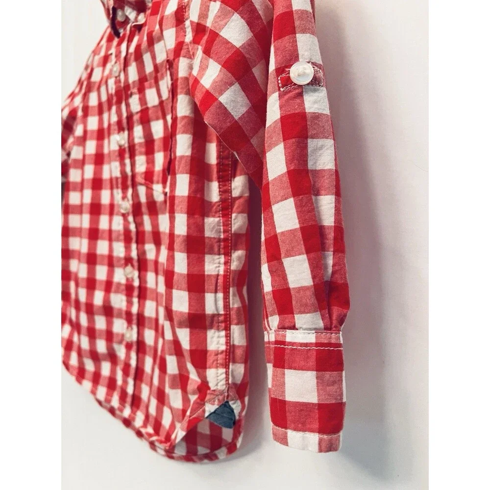 Gap Toddler Boys 4T Red White Gingham Button Down Shirt Roll Tab Sleeves Cotton